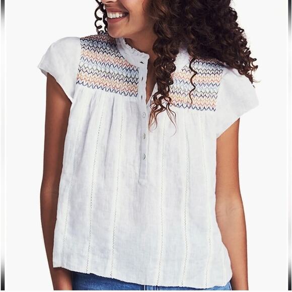 Faherty Women Honokaia Linen Embroidered Flutter Sleeve Top M Boho Peasant - Picture 2 of 11